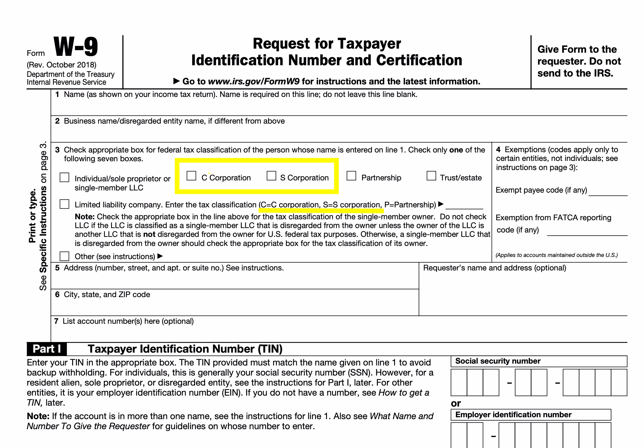 IRS Form W-9 with the C Corporation and S Corporation tax-classification boxes highlighted