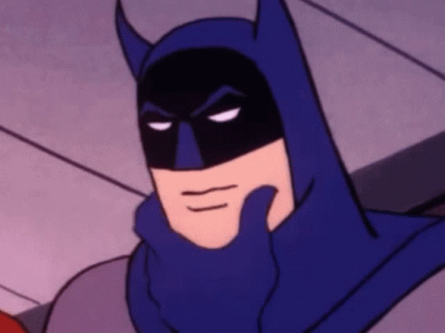 Animated GIF of cartoon Batman thoughtfully touching his chin