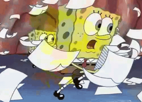 Animated GIF of SpongeBob SquarePants running frantically while clutching papers