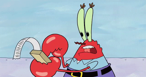 Animated GIF of Mr. Krabs from SpongeBob eagerly clutching a receipt and money