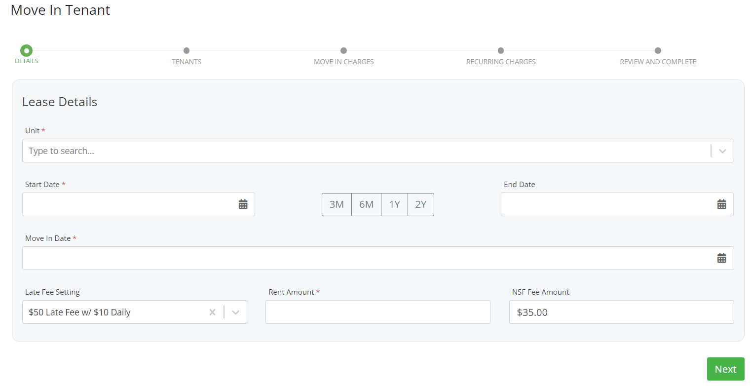 Rentvine Move In Tenant wizard on the Lease Details step, with fields for unit, dates, rent, and late and NSF fees