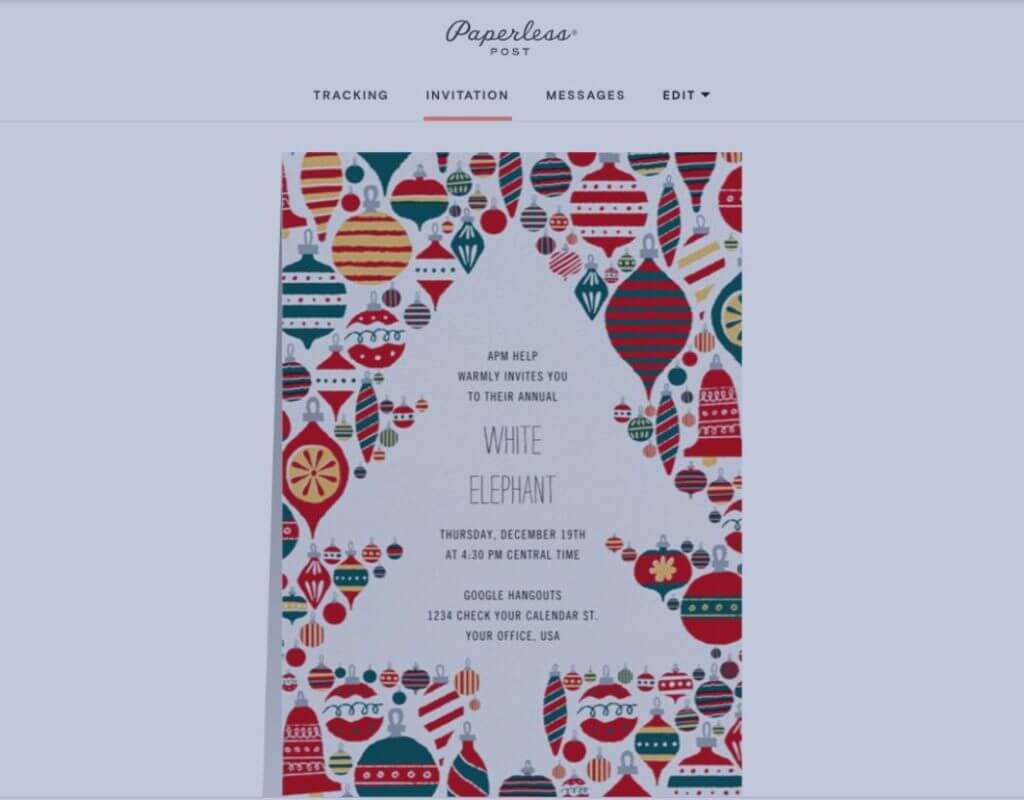 Paperless Post invitation to APM Help's annual virtual White Elephant party held over Google Hangouts