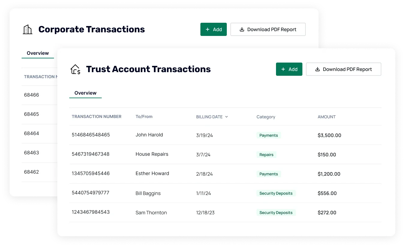 A chart showing corporate transactions trust account transactions of a property management company.